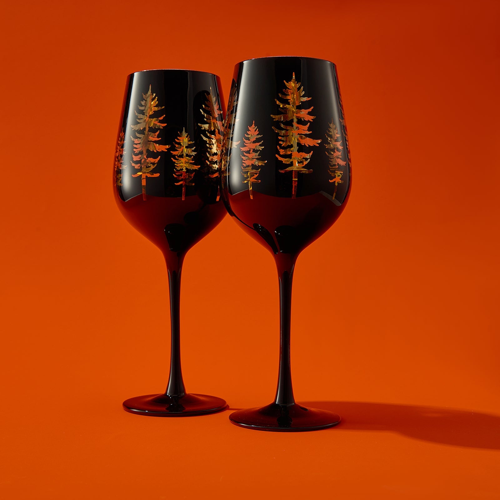 Crystal Winter Trees Black & Gold Stemmed Wine Glasses - Set of 2-3