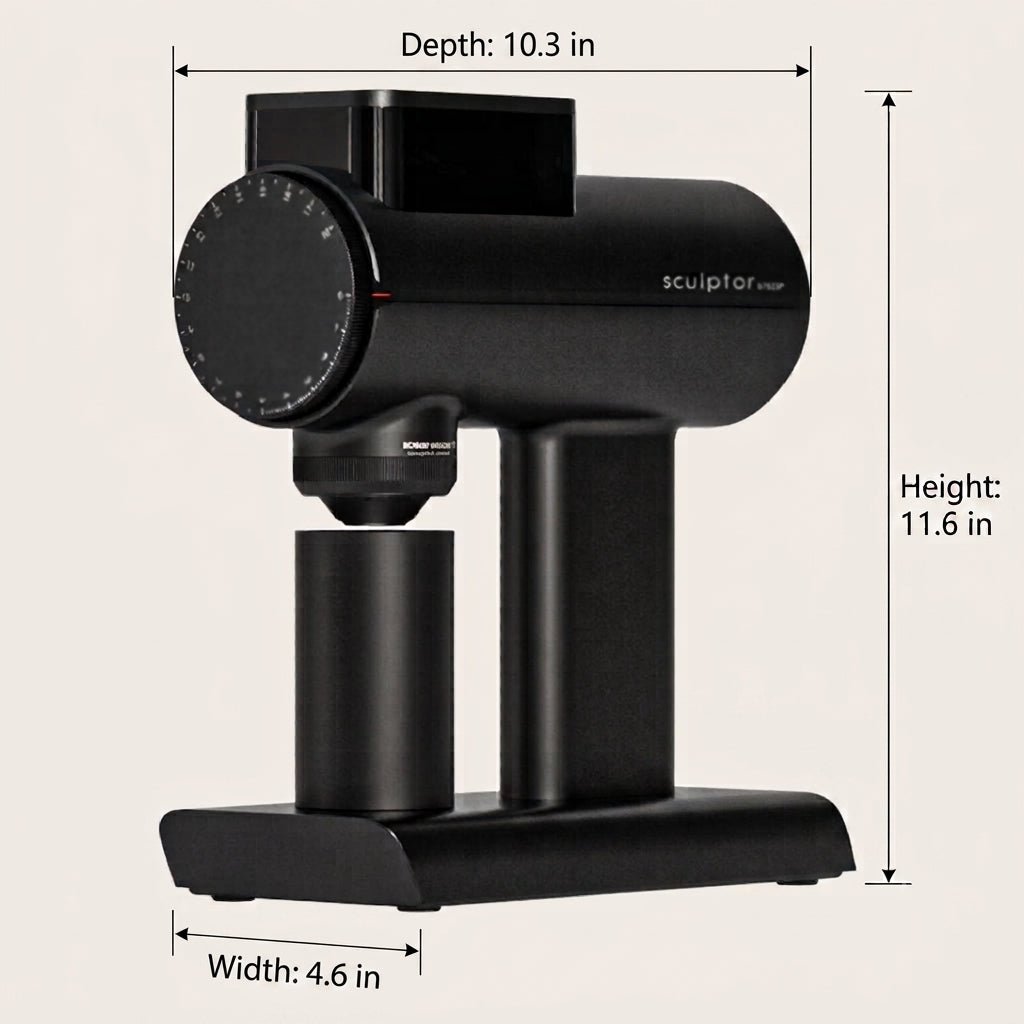 Timemore 078ssp Black electric coffee grinder machine with dimension annotations showing depth 10.3 in, height 11, and width 4.6 inch