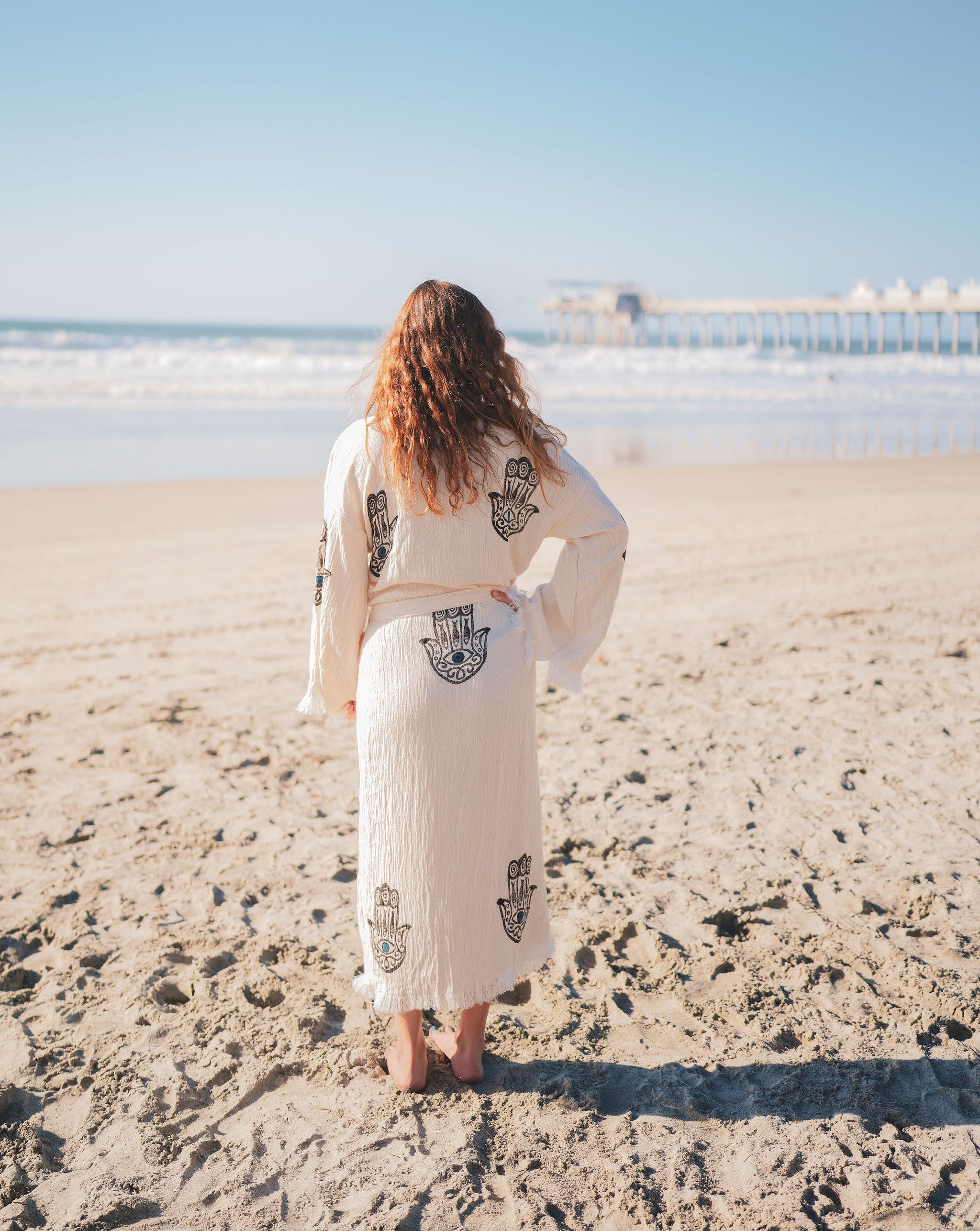 Muslin Cotton Kimono Bathrobe – Hamsa Hand Print | 100% Turkish Cotton Muslin Unisex Robe (One Size)-1