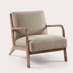A mid-century modern accent chair with a light beige textured linen upholstery and a curved medium-brown wooden frame, shown against a plain off-white background.