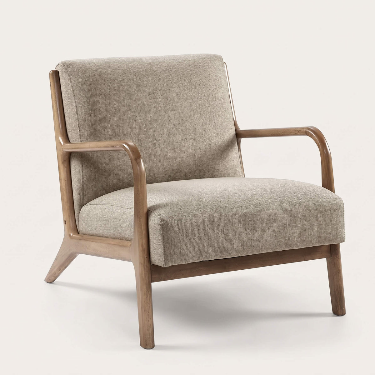 A mid-century modern accent chair with a light beige textured linen upholstery and a curved medium-brown wooden frame, shown against a plain off-white background.