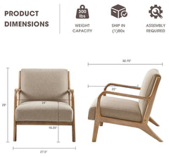 Product dimensions diagram showing two views of a modern armchair with upholstered taupe fabric and a light wood frame, including measurements, weight capacity, shipping size, and assembly requirements.