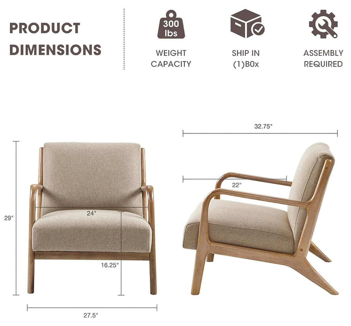 Product dimensions diagram showing two views of a modern armchair with upholstered taupe fabric and a light wood frame, including measurements, weight capacity, shipping size, and assembly requirements.