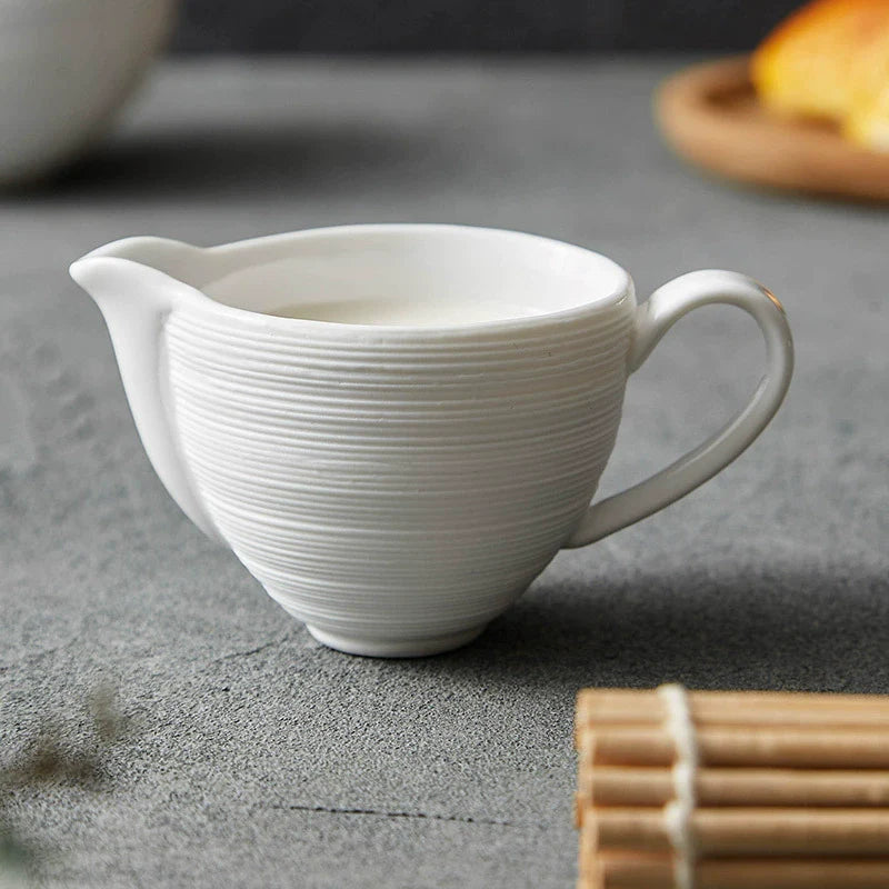 Textured White Ceramic Milk Jug – Minimalist Pouring Cup for Coffee or Juice-2