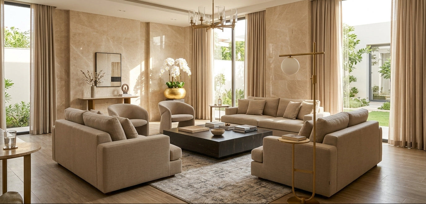 A modern living room featuring a coordinated beige sofa set, including a three-seat sofa, two armchairs, and matching cushions, arranged around a dark coffee table on a patterned rug. The room has warm beige walls, tall floor-length curtains, large windows, and a gold chandelier.