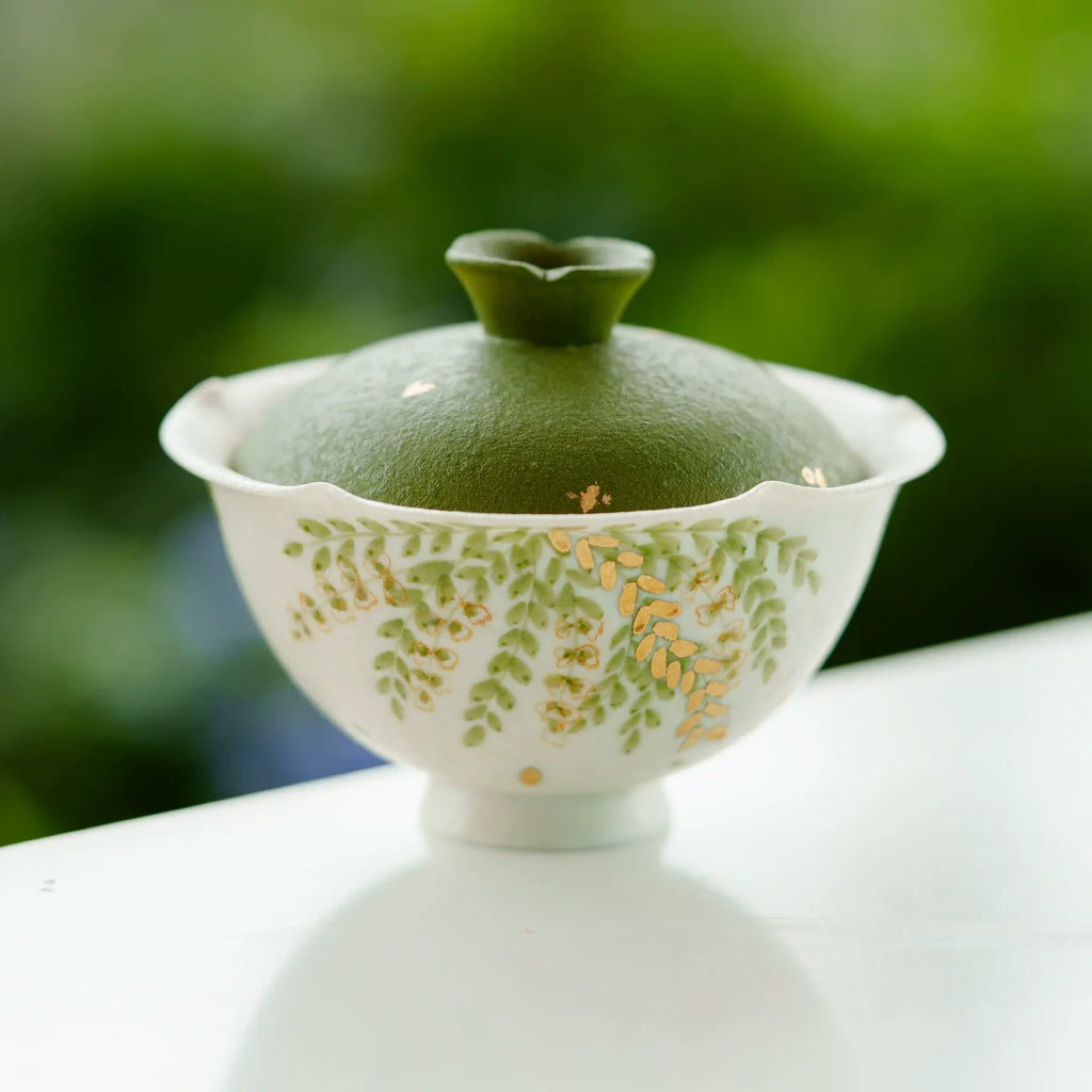 Handmade Ceramic Gaiwan with Green Leaf Design – 95ml Traditional Chinese Tea Cup with Lid-1