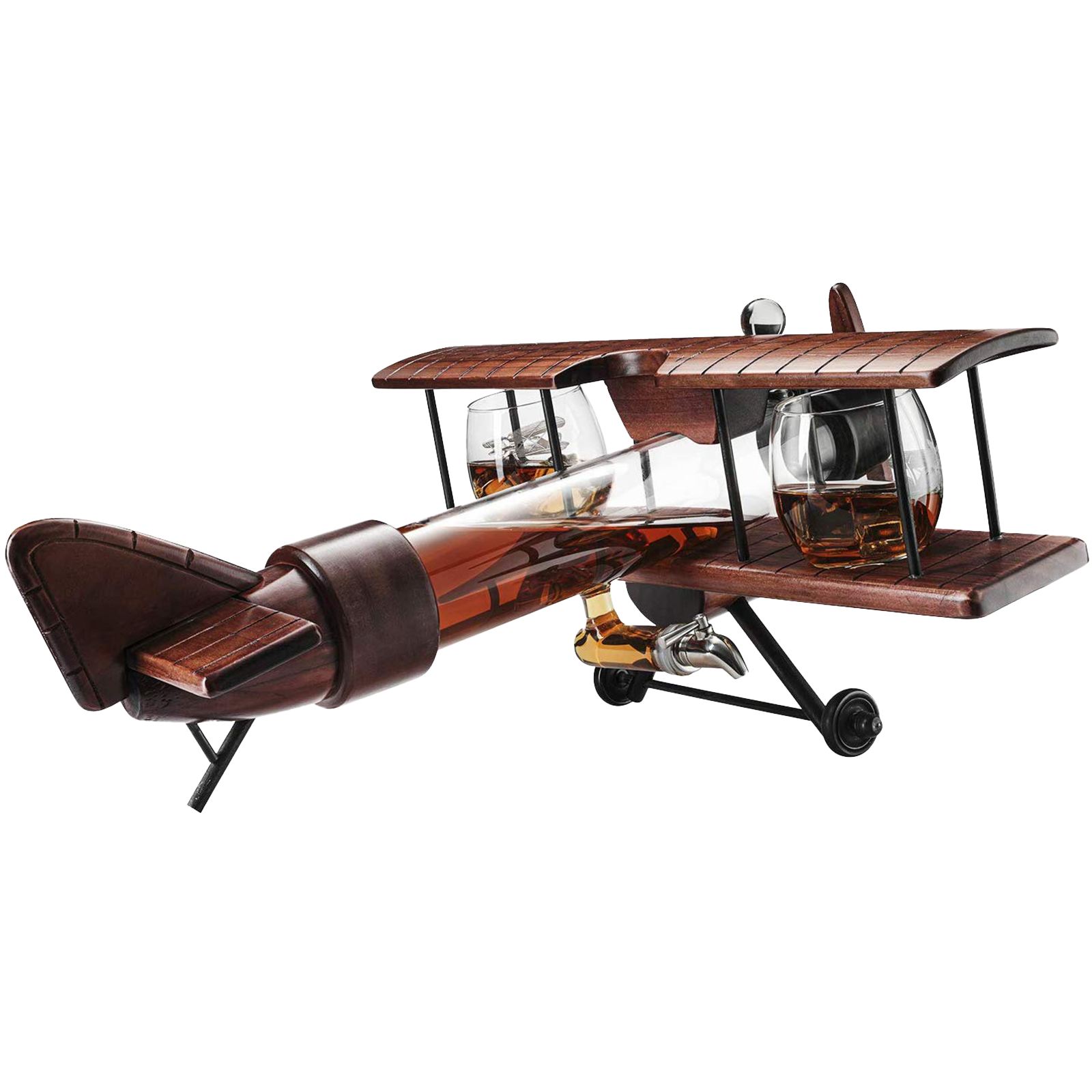Whiskey & Wine Decanter Airplane Set and Glasses Antique Wood Airplane - The Wine Savant Whiskey Gift Set and 2 Airplane Glasses, Pilot Gift Moving Parts- Alcohol Related Gift, BAR DECOR Large 21"-1
