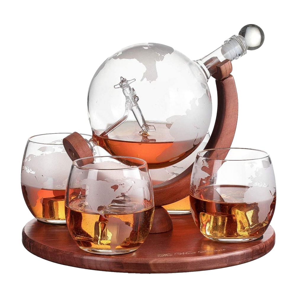 Etched World Decanter Whiskey Globe With Antique Airplane Inside-0