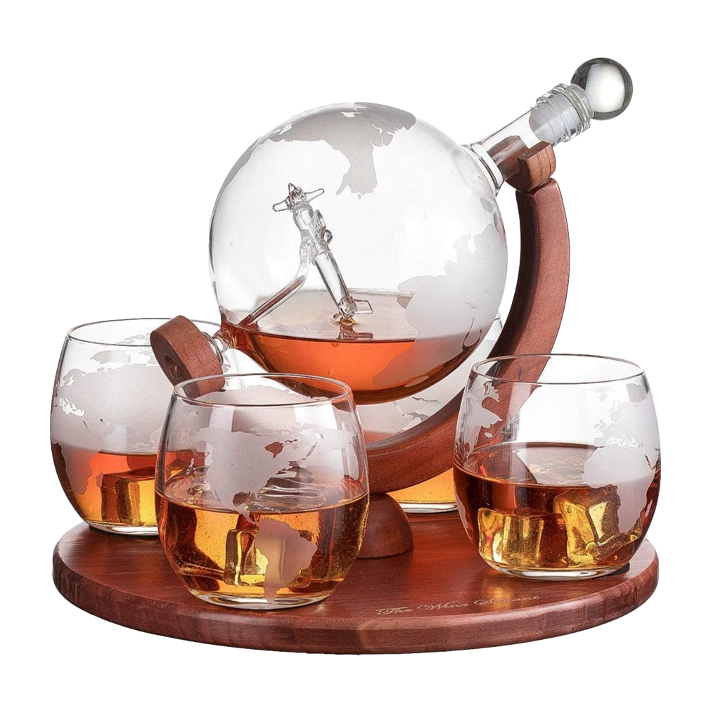 Etched World Decanter Whiskey Globe With Antique Airplane Inside-0