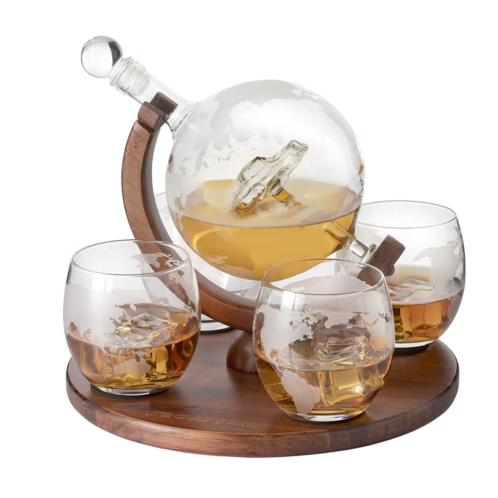 Etched World Decanter Car Whiskey Globe With 4 World Map Glasses-0