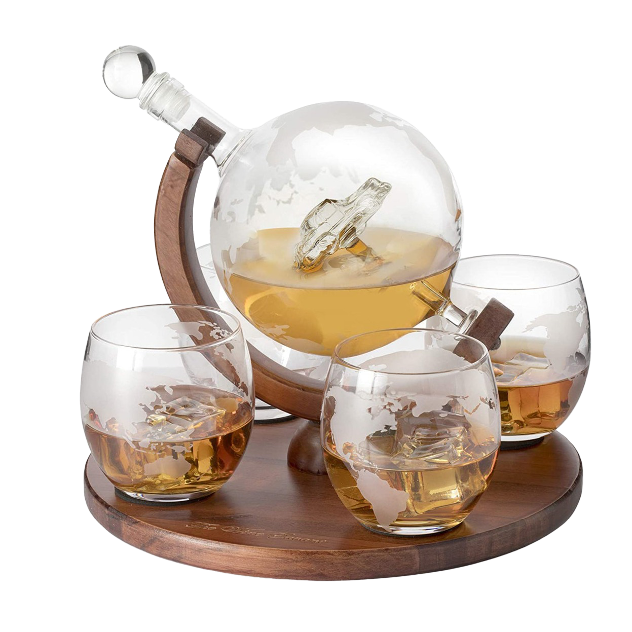 Etched World Decanter Car Whiskey Globe With 4 World Map Glasses-0