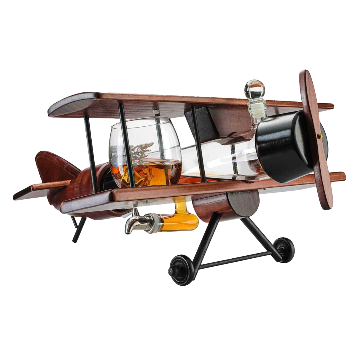 Whiskey & Wine Decanter Airplane Set and Glasses Antique Wood Airplane - The Wine Savant Whiskey Gift Set and 2 Airplane Glasses, Pilot Gift Moving Parts- Alcohol Related Gift, BAR DECOR Large 21"-0