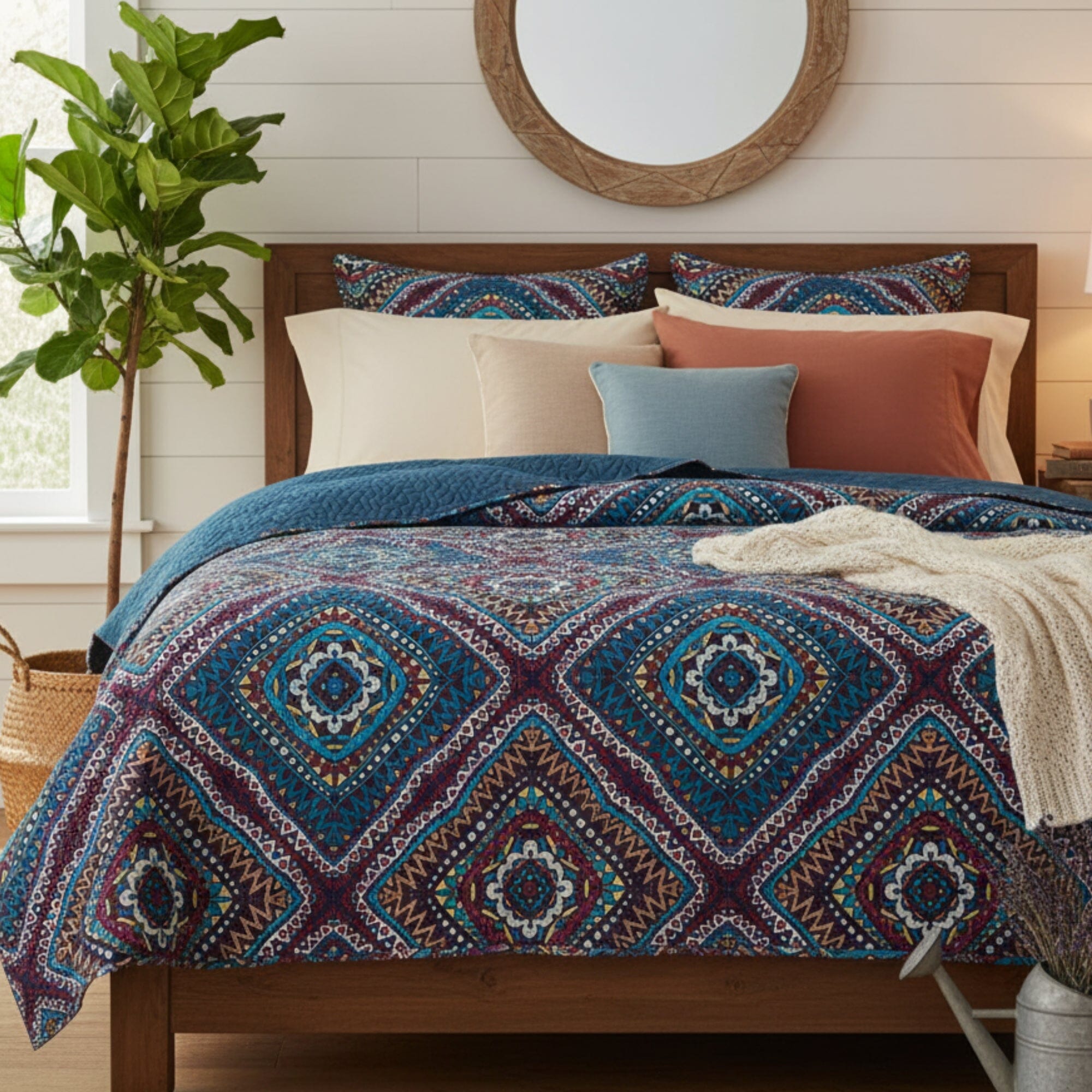 DaDa Bedding Farmhouse Bohemian Native Rustic Navy Blue Geometric Diamond Shapes Bedspread Set (KSX-001)-0