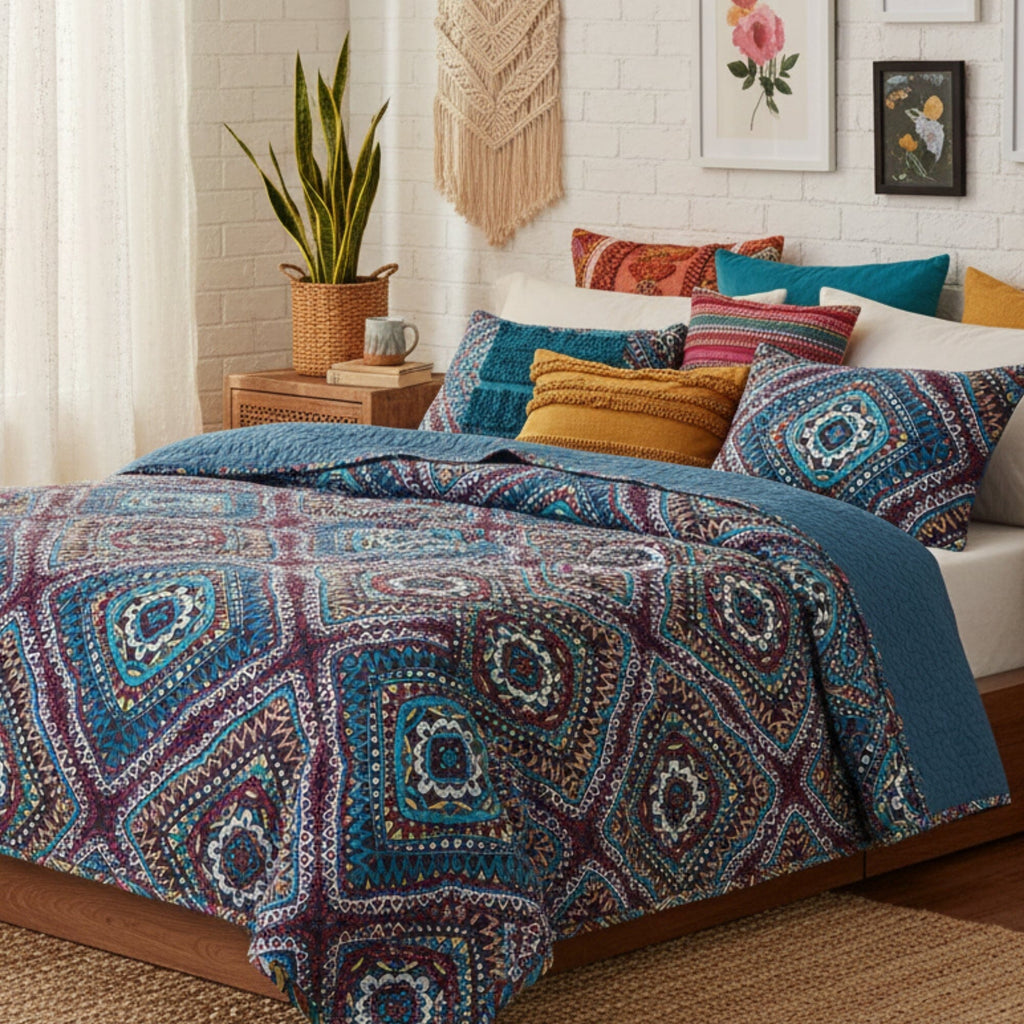 DaDa Bedding Farmhouse Bohemian Native Rustic Navy Blue Geometric Diamond Shapes Bedspread Set (KSX-001)-1