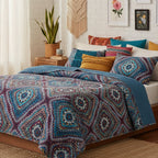 DaDa Bedding Farmhouse Bohemian Native Rustic Navy Blue Geometric Diamond Shapes Bedspread Set (KSX-001)-1