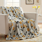 DaDa Bedding Soft Lightweight Fleece Throw Blanket, Yellow Fleur Floral Golden Orange Silver/Grey Background (XY1011)