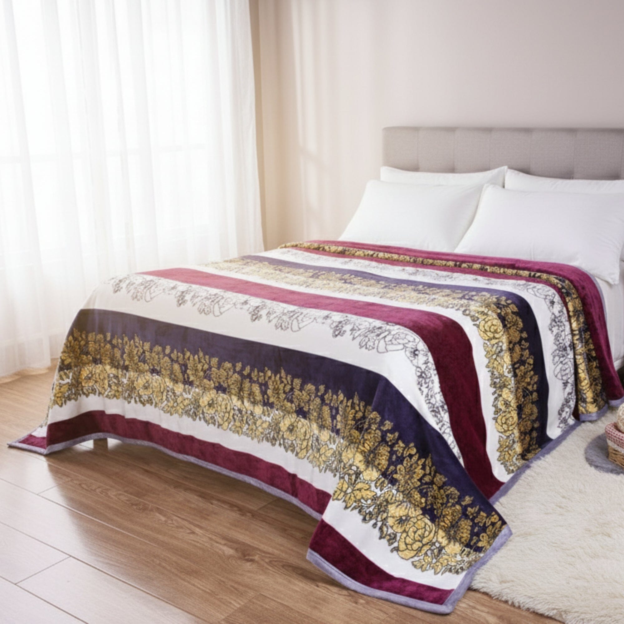 DaDa Bedding Botanical Floral Striped Carnations Mink Flannel Fleece Throw Blanket (XY9829)-1