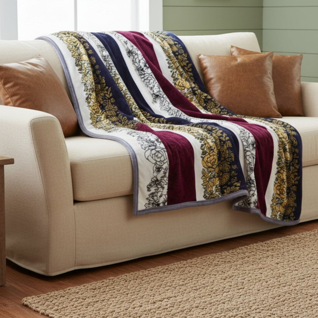 DaDa Bedding Botanical Floral Striped Carnations Mink Flannel Fleece Throw Blanket (XY9829)-4
