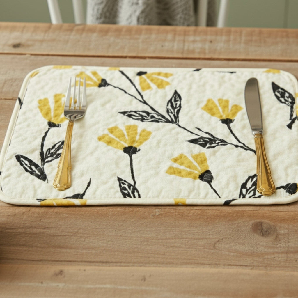 DaDa Bedding Botanical Floral Dining Table Placemats - Set of 4-Pieces Quilted Ivory with Yellow Fleur Golden Orange Spring Time Tulips - 13 x 19-2