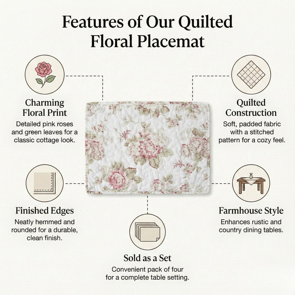 DaDa Bedding Set of 4-Pieces Dainty Cottage Floral Roses Quilted Cotton Dining Table Placemats 13” x 19” (3036)-1