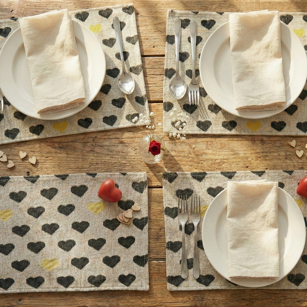 DaDa Bedding Set of 4-Pieces Valentine's day Yellow & Black Hearts Tapestry Dining Table Placemats 13” x 19” (18113)-0