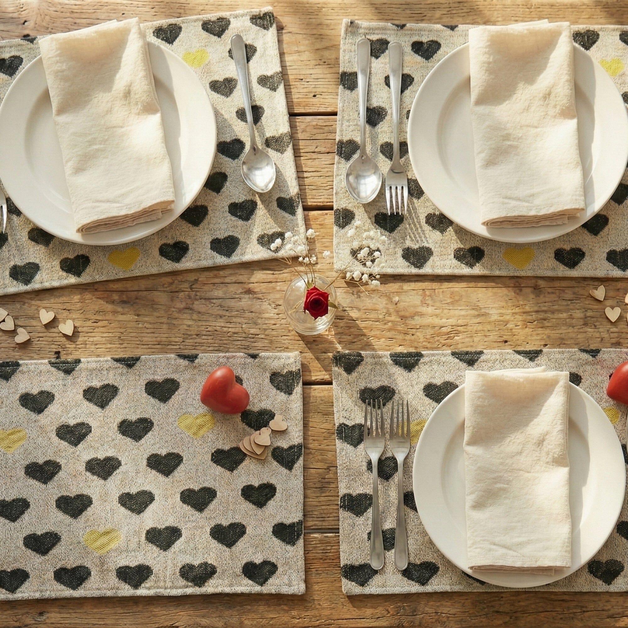 DaDa Bedding Set of 4-Pieces Valentine's day Yellow & Black Hearts Tapestry Dining Table Placemats 13” x 19” (18113)-0