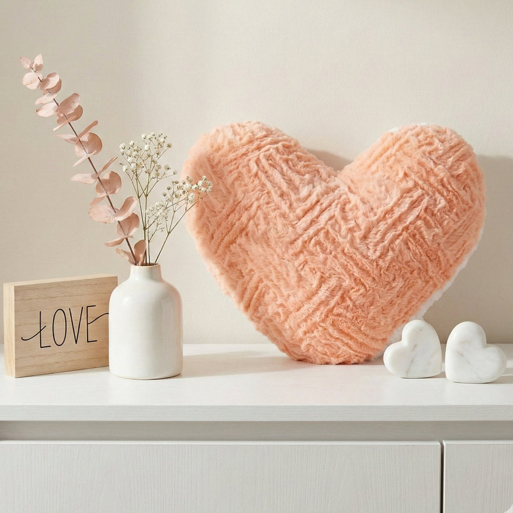 DaDa Bedding Heart Shaped Pillow Coral Peach Pink Faux Fur & Sherpa Soft Decorative Throw Pillow - 14x16 inches Coral Peach for Valentine's Day or Any Special Occasion-0