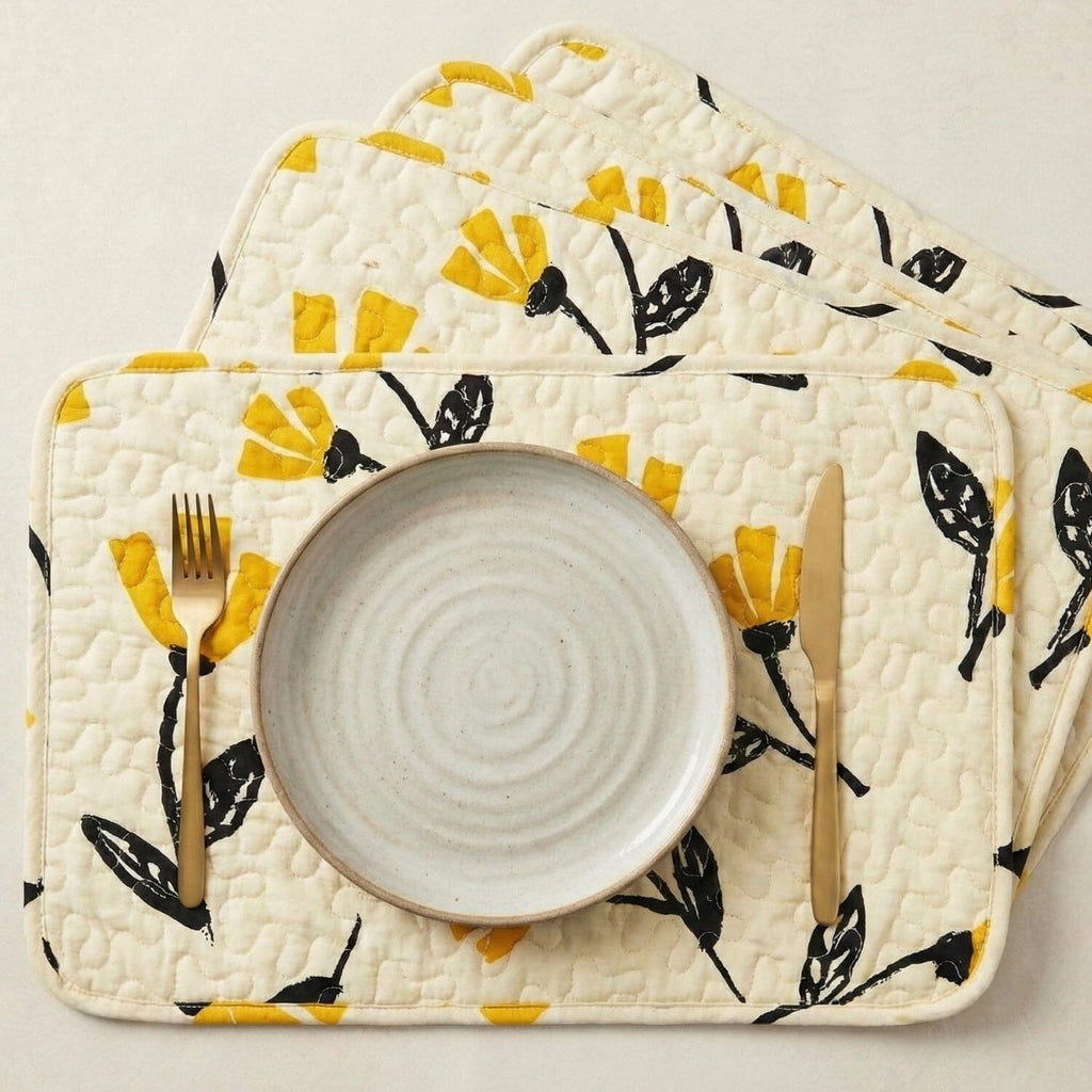 DaDa Bedding Botanical Floral Dining Table Placemats - Set of 4-Pieces Quilted Ivory with Yellow Fleur Golden Orange Spring Time Tulips - 13 x 19-0
