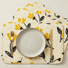 DaDa Bedding Botanical Floral Dining Table Placemats - Set of 4-Pieces Quilted Ivory with Yellow Fleur Golden Orange Spring Time Tulips - 13 x 19-0