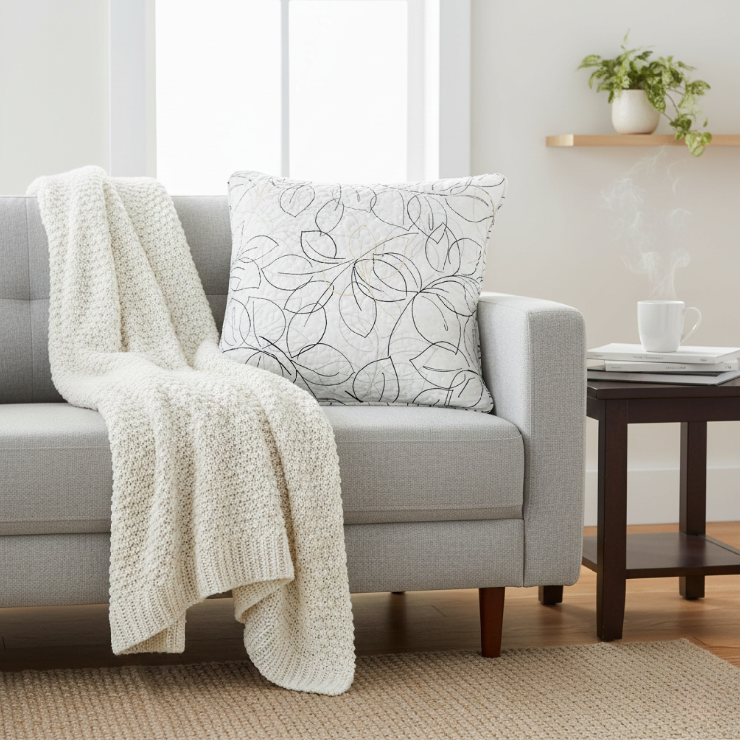 Tache Modern Abstract Leaf Line Art Foliage White Grey Black Gold Cushion Covers / Euro Sham (TJ3571)-1