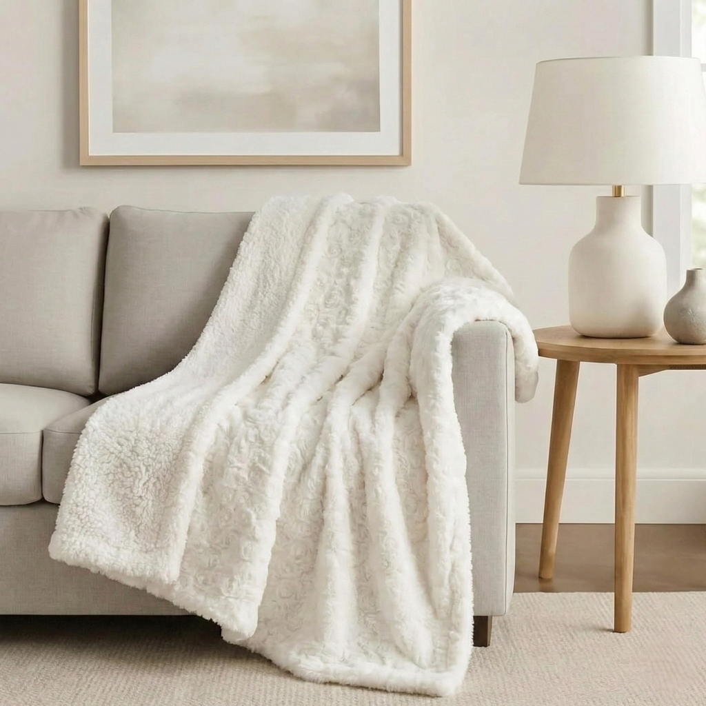 DaDa Bedding Luxury White Roses Fluffy Soft Sherpa Backside Faux Fur Throw Blanket (K11)-0