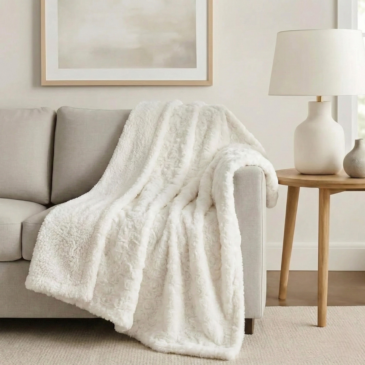 DaDa Bedding Luxury White Roses Fluffy Soft Sherpa Backside Faux Fur Throw Blanket (K11)-0