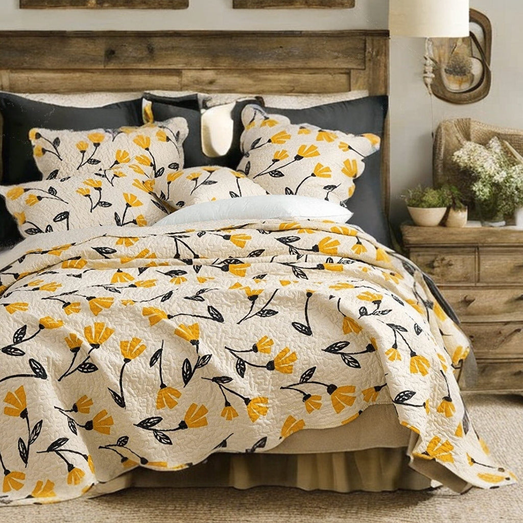 DaDa Bedding Yellow Fleur Floral Quilt Set - Ivory Gold Bedspread-4