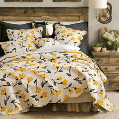 DaDa Bedding Yellow Fleur Floral Quilt Set - Ivory Gold Bedspread
