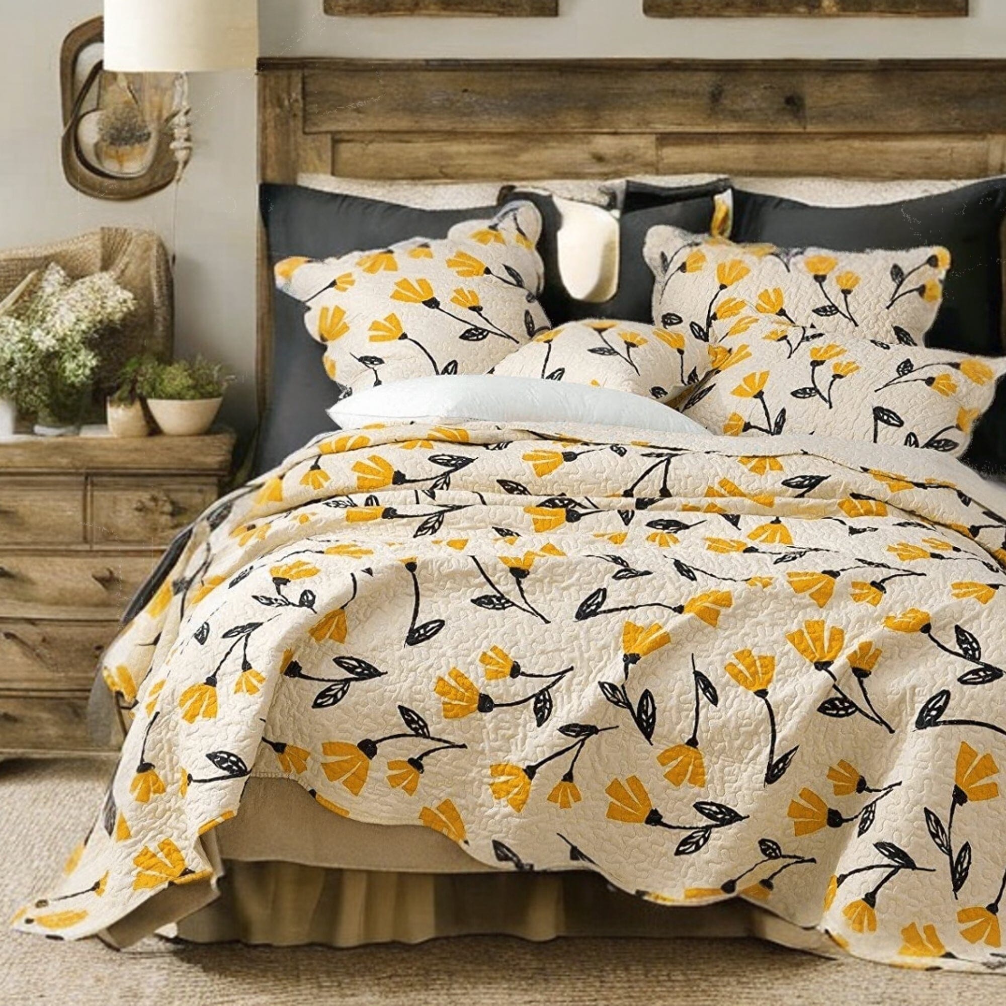 DaDa Bedding Yellow Fleur Floral Quilt Set - Ivory Gold Bedspread-0