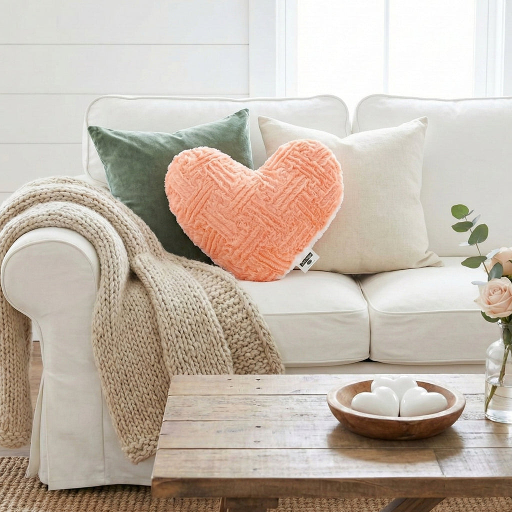 DaDa Bedding Heart Shaped Pillow Coral Peach Pink Faux Fur & Sherpa Soft Decorative Throw Pillow - 14x16 inches Coral Peach for Valentine's Day or Any Special Occasion-2