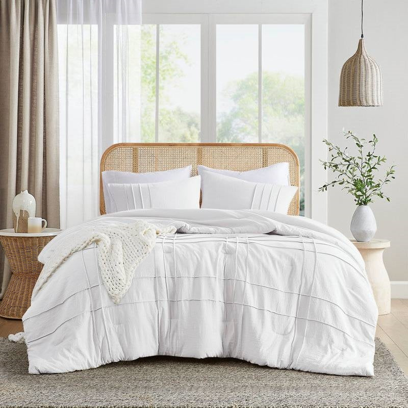 King Size Microfiber Pleated Soft Washed Comforter Set White-0