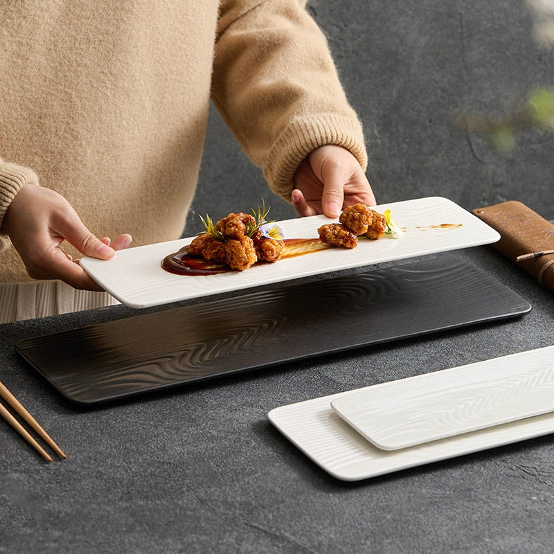 Ceramic Rectangular Sushi & Dessert Plate – Water-Pattern Tray in Black or White, 3 Sizes-2