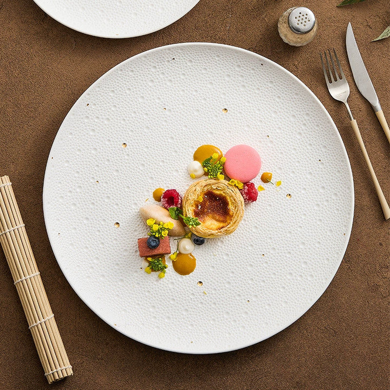 Textured White Porcelain Dinner Plate with Gold Dots – Modern Fine Dining Tableware-2