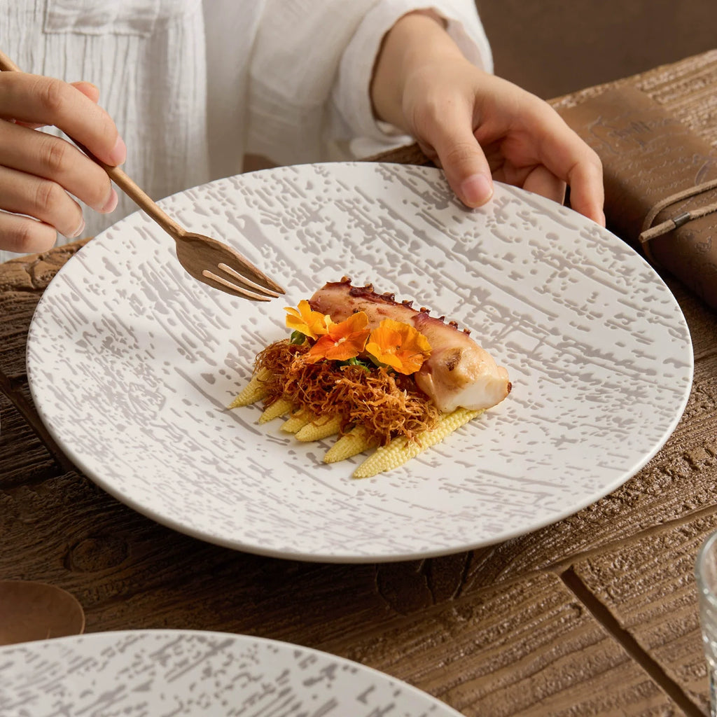 Nordic Style Textured Ceramic Dinner Plate – White with Gray Woodgrain Pattern-1