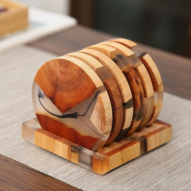 Biodegradable Pine Wood Resin Coasters with Ink Texture – 8cm Eco-Friendly Drink Mats-4