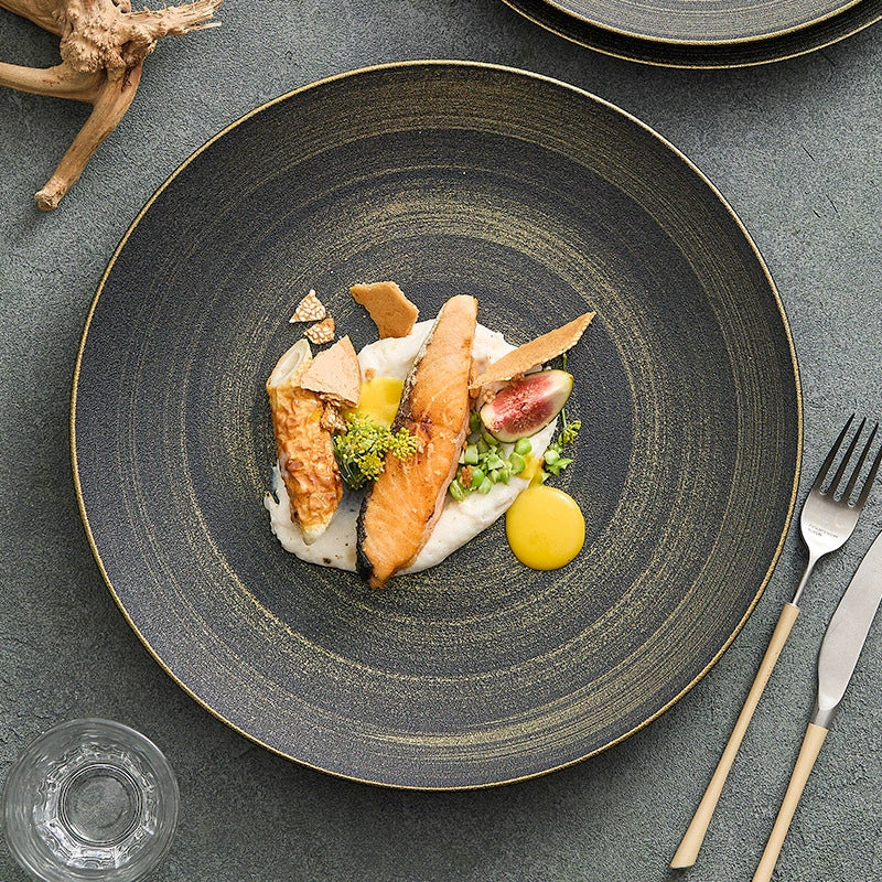 Luxury Black & Gold Ceramic Dinner Plate – Wujin Sand Textured Matte Glaze Fine Dining Tableware-1