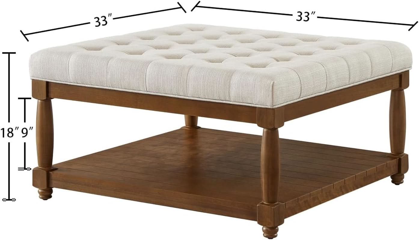 Ivory Upholstered Coffee Table With Hardwood Shelf-1
