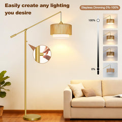 Stepless Dimmable Arc Floor Lamp Gold Finish Rattan Shade Farmhouse-2