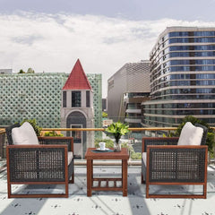 3 Piece Patio Wicker Furniture Set With Beige Washable Cushions And Acacia Wood Coffee Table-2