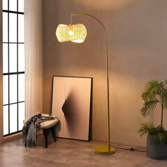 Brass Wave Arc Floor Lamp Handwoven Wicker Shade Aura-3