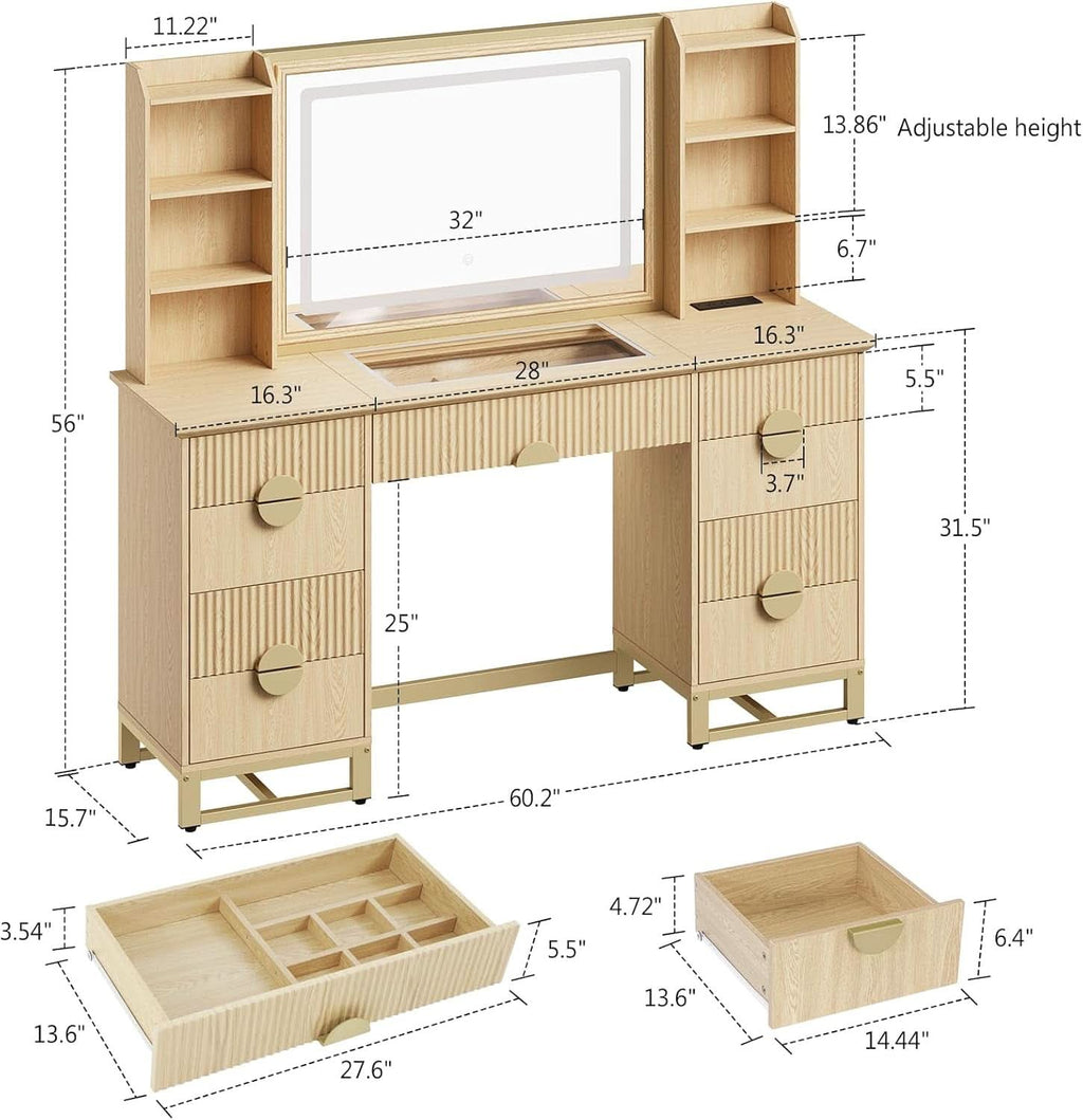 Oak Fluted Vanity Desk 60 Inch Tempered Glass Table top-2