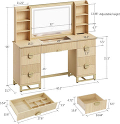 Oak Fluted Vanity Desk 60 Inch Tempered Glass Table top-2