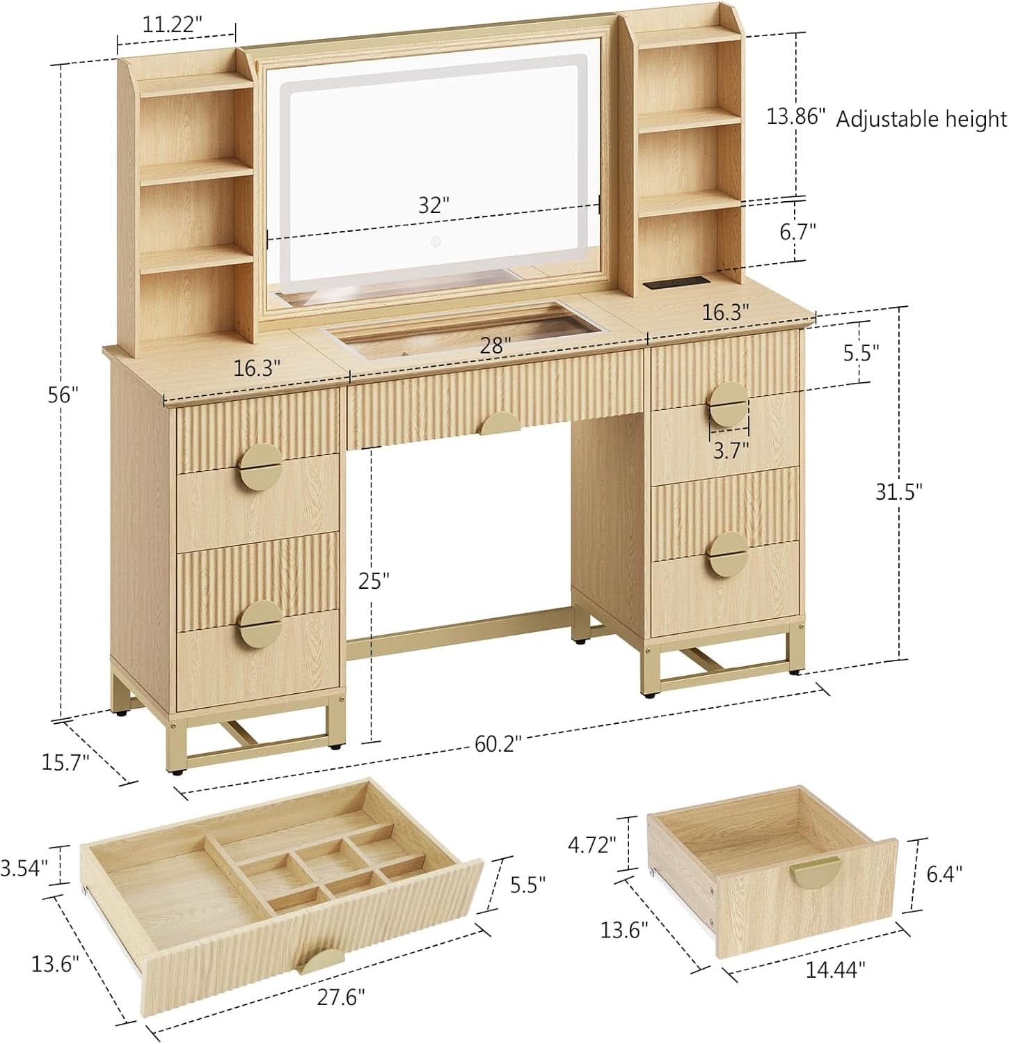 Oak Fluted Vanity Desk 60 Inch Tempered Glass Table top-2
