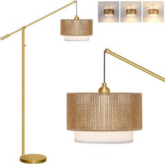 Stepless Dimmable Arc Floor Lamp Gold Finish Rattan Shade Farmhouse-0